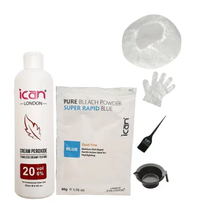 Full hair bleaching kit cream peroxide 20 vol 250ml + blue powder bleach 80g + bowl + brush + gloves + cap